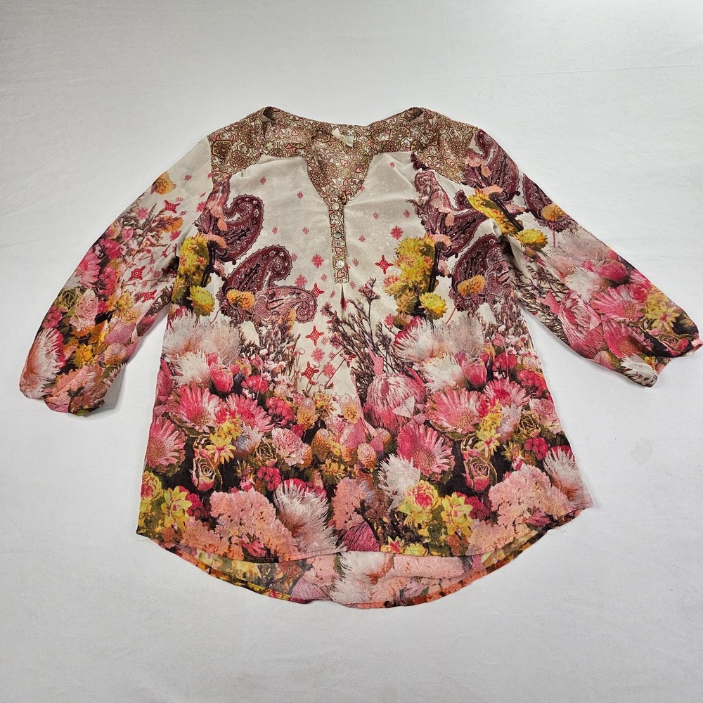 Fig & Flower Floral Paisley Tunic Peasant Blouse Boho 3/4 Sleeve Semi Sheer 2X